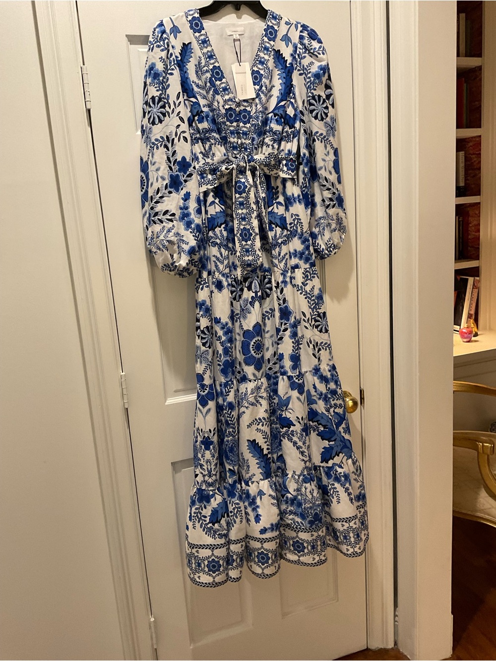 Blue and White Floral Maxi Dress with Waist Tie - Picture 3 of 9